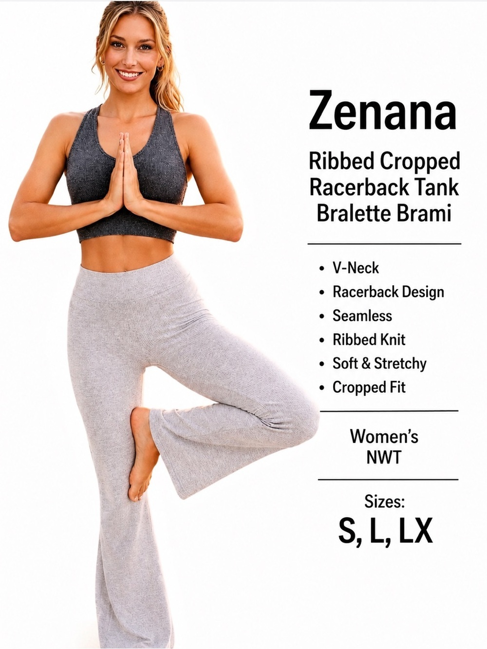 Zenana Ribbed Cropped Racerback Tank Bralette Brami V-Neck Seamless NWT